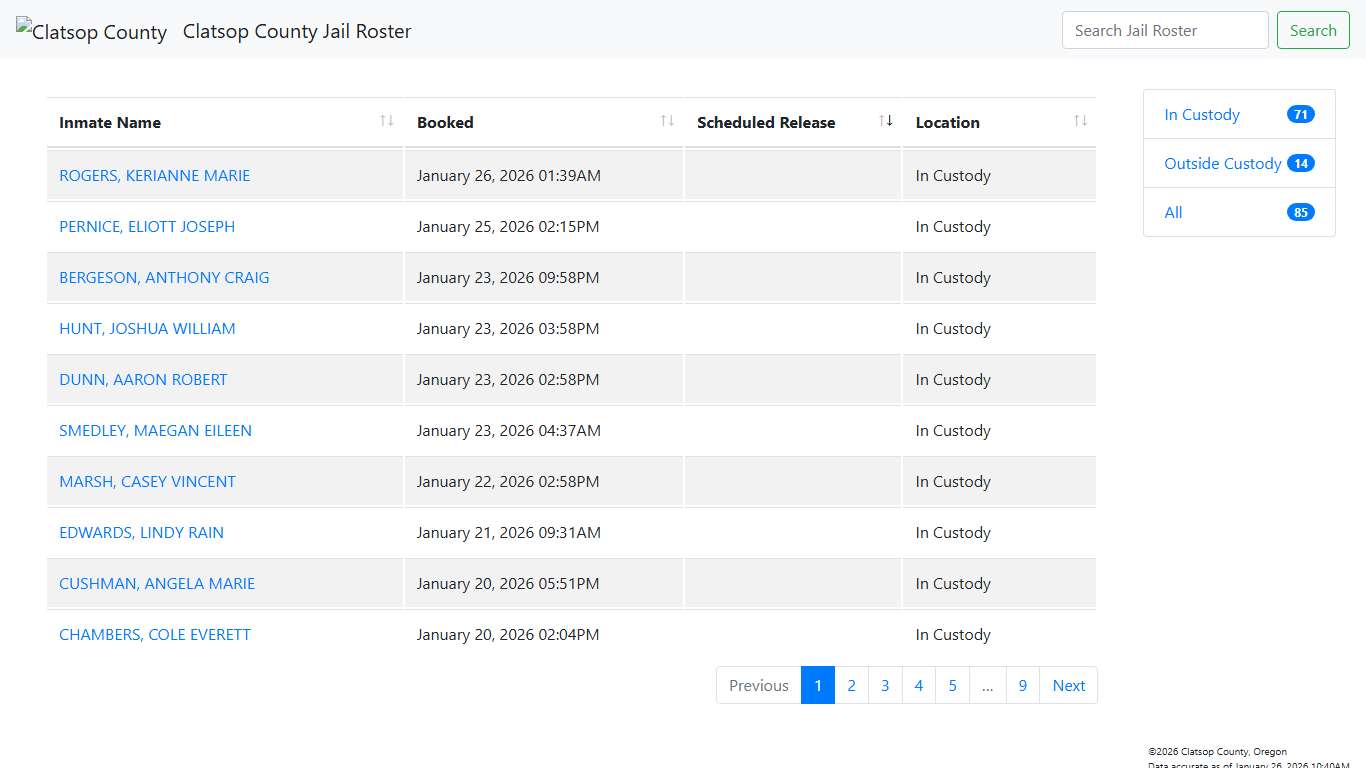 Clatsop County Jail Roster