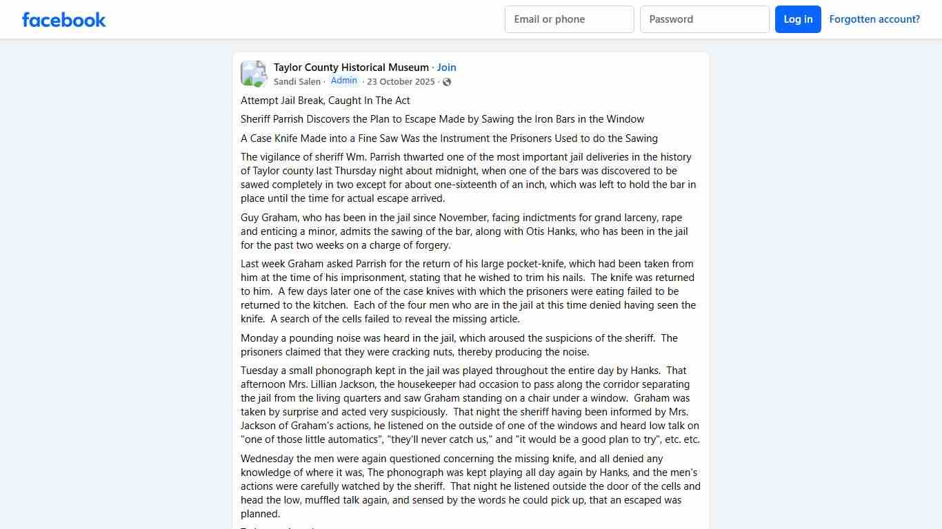 Taylor County Historical Museum Attempt Jail Break, Caught In The Act Facebook